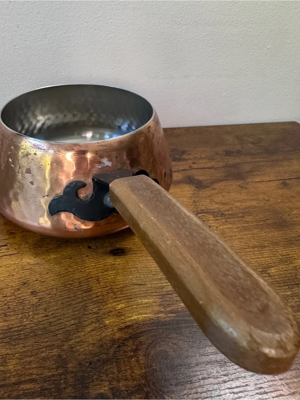 Vintage Spring Culinox Switzerland Copper Butter Warmer Pot Wood Handle